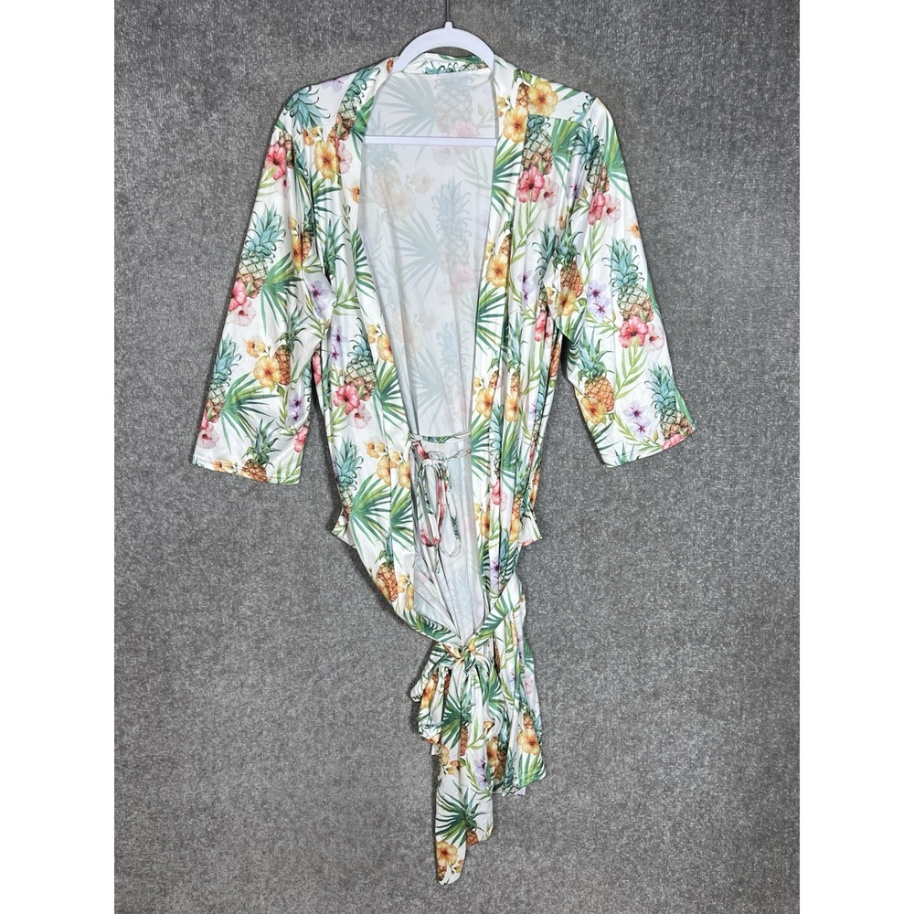 LS Lucky Steals Pineapple Floral Robe Womens Sz S/M Green Pink Tropical Hawaiian